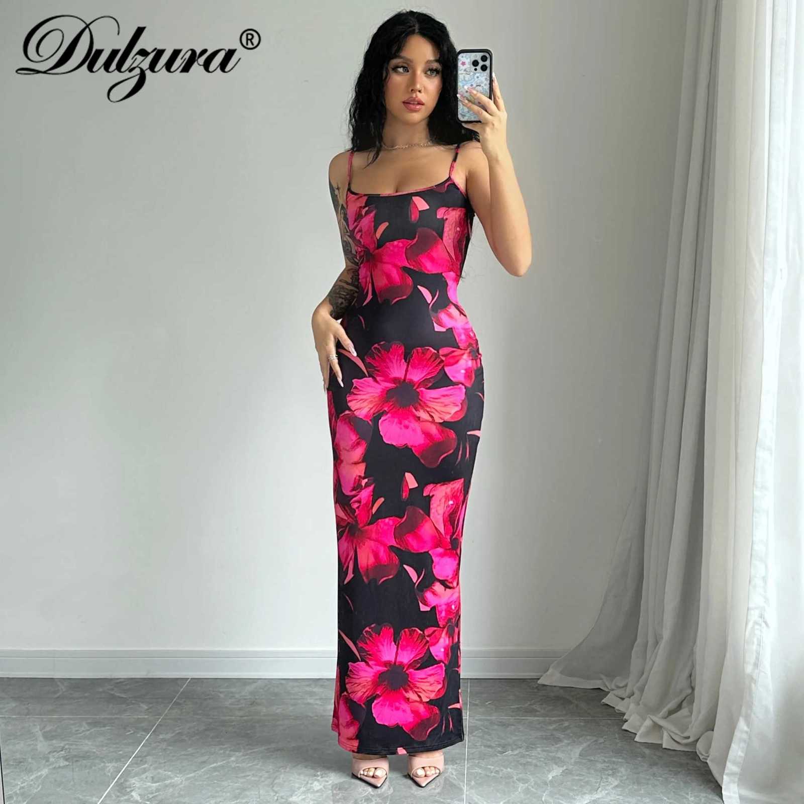 Dulzura Sleeveless Flower Print Slim Cami Maxi Dress WomenS Sexy Vintage Long Dress Party Club Vacation Spring Summer Outfit X260306