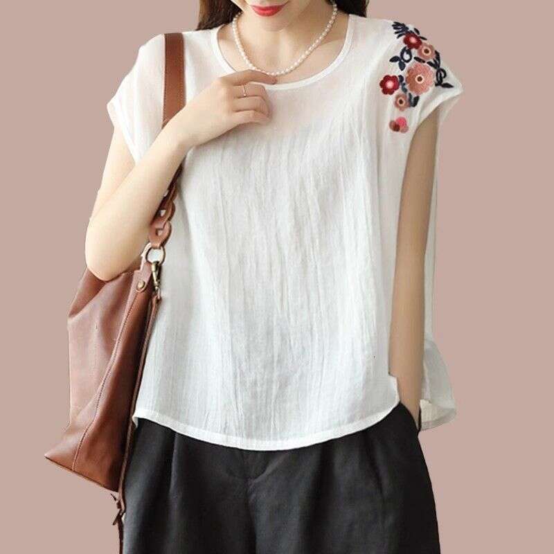 Chinese Style Embroidered Cotton Linen Short-sleeved T-shirt for Women's Summer New Style Thin Sleeveless Top