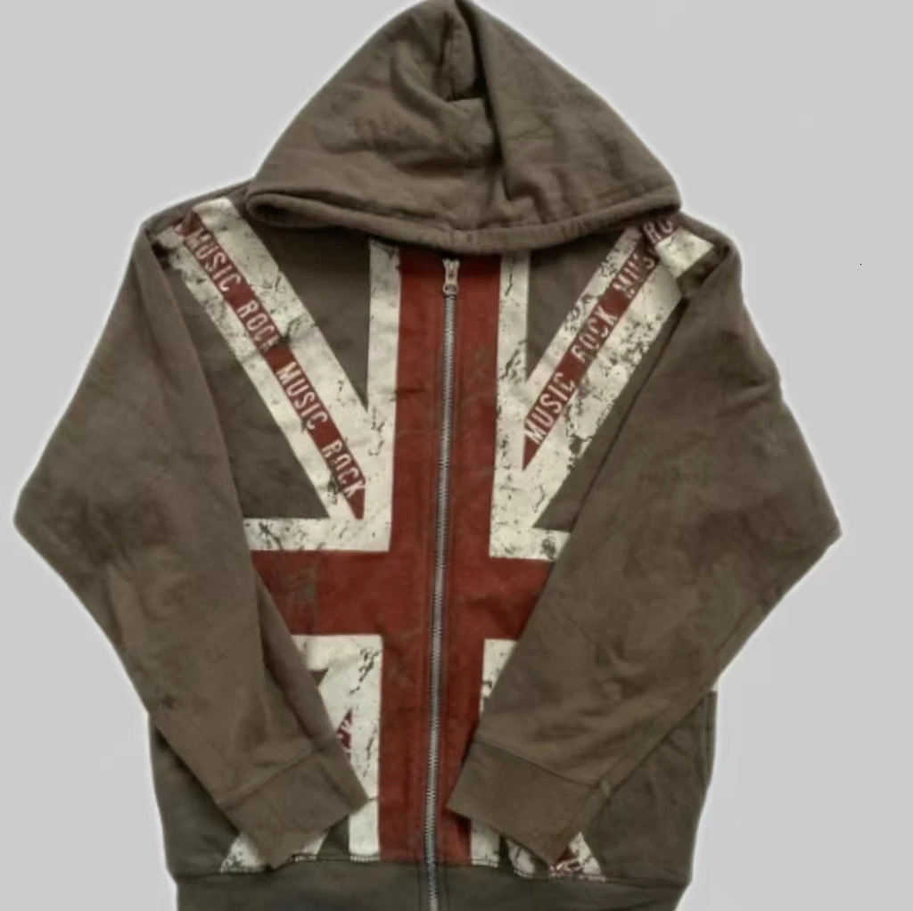 Y2K American Black Fashion Trend Flag Printed Hip Hop Men and Women Zipper Hoodies Casual Punk Loose Zipper Streetwear 260304