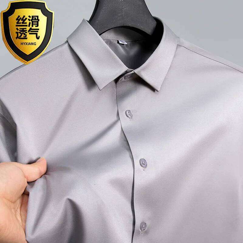 Summer white glossy non ironing shirt, men's wrinkle resistant ice silk casual high-end seamless business shirt