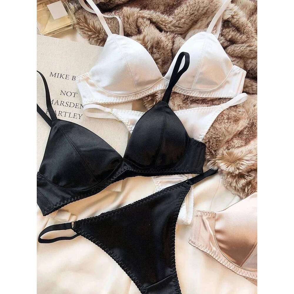 Summer Women Underwear Sexy Silken Triangle Cup Wireless Bras French Bralette Seamless Intimates Bra and Thong Lingerie Set