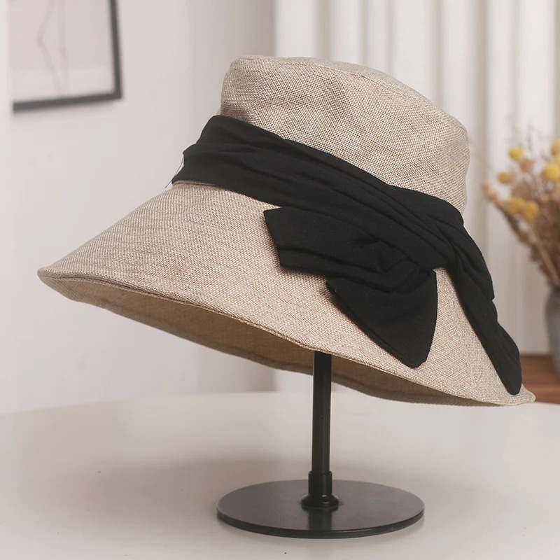 USPOP Elegant Wide Brim Cotton Linen Bucket Hat for Women Summer Sun Hat with Bow Foldable UV Protection Beach Hat 260228