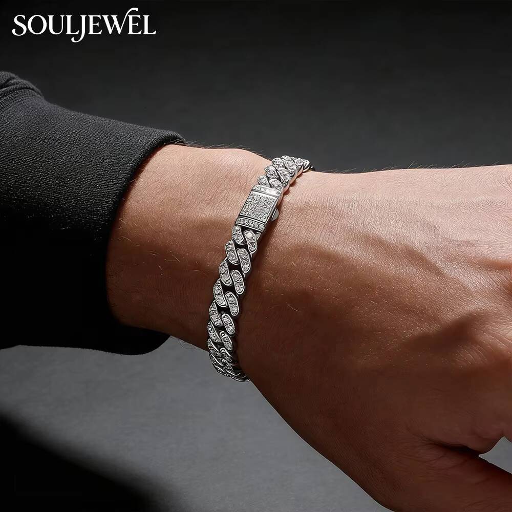 Moissanite Cuban Bracelet Sterling Silver Claw Setting Rhodium Plated Chain Link Design Hip Hop Style Unisex Everyday Wear