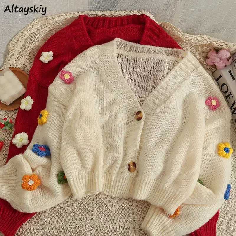 Cropped Cardigan 3D Flower V-neck Kawaii Retro Design All-match Mujer Sweater Tender Girlish Aesthetic Fall New Arrival Ulzzang M260306
