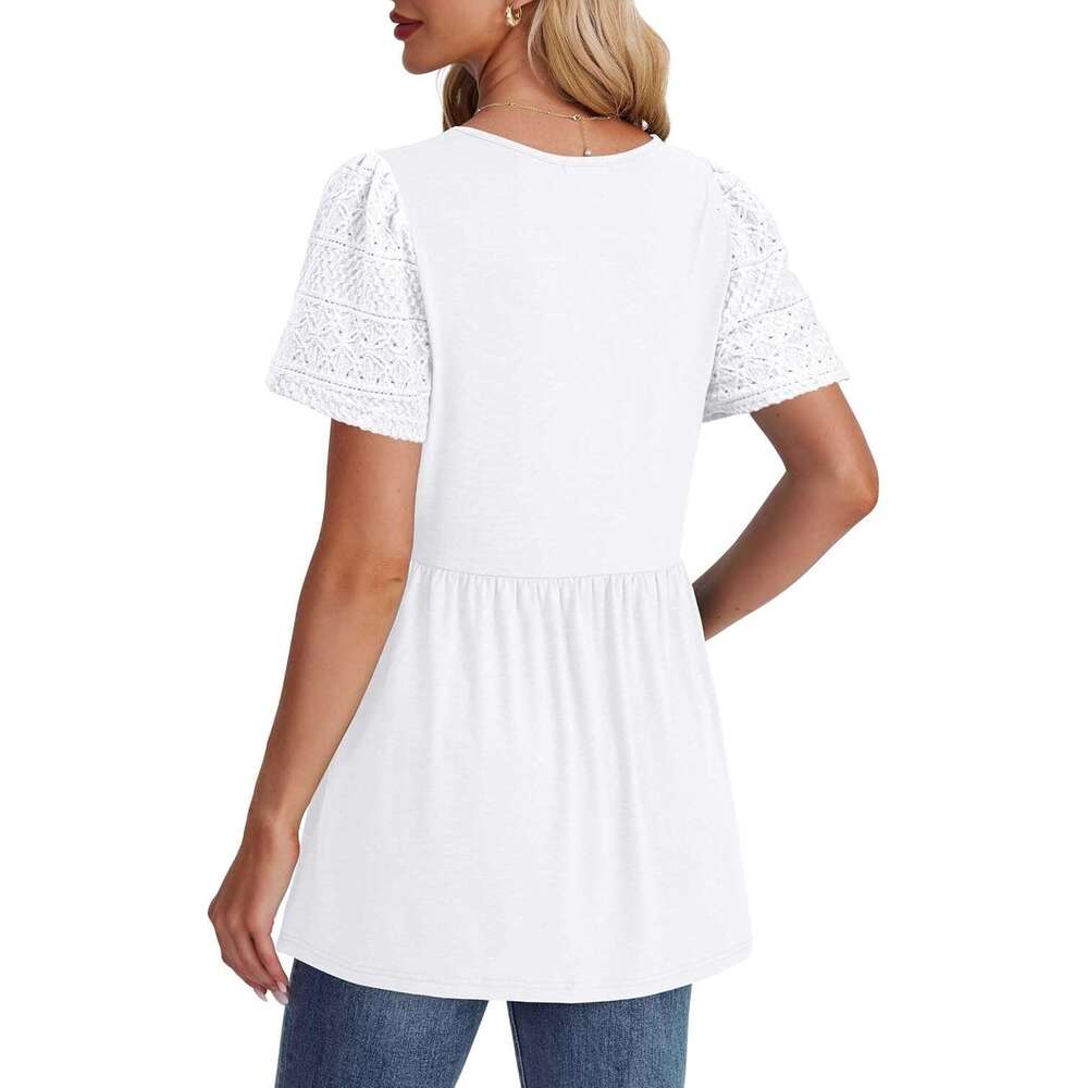 Womens Designer Summer Babydoll Short Button Down Lace Sleeve Peplum Tunic Tops V Neck T Shirts