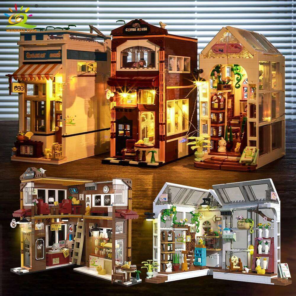 HUIQIBAO MOC Cat Cafe Bookends model Micro Building Block Bookstore Flower Shop Mini Brick Toy for Children Desk Decor. Z260306
