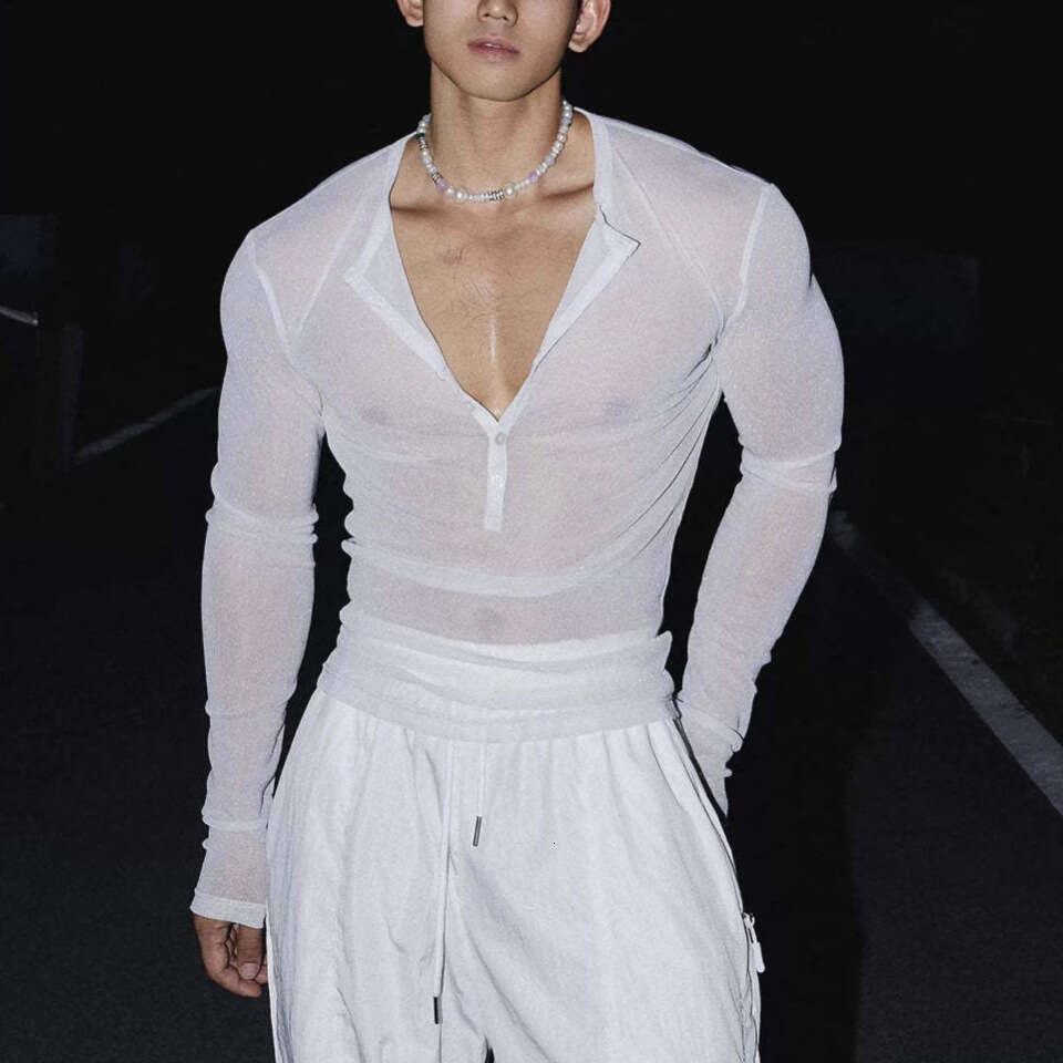 European and American Cross-Border Sexy Shiny Diamond Men's Semi-Sheer Top Street Fashion Nightclub Style Button Round Neck Fun T-Shirt