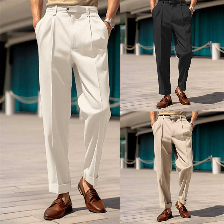 Mens formal mid-waist buttoned straight-leg solid color comfortable outdoor daily casual fashion trousers T260306