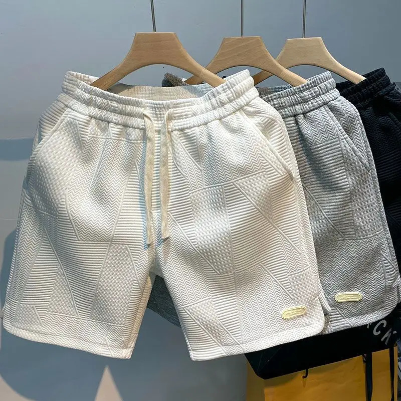 Summer Running Shorts for Men Casual Jogging Sport Short Pants Wave Pattern Solid Color Drawstring Loose Dry Gym Sports Shorts 260306