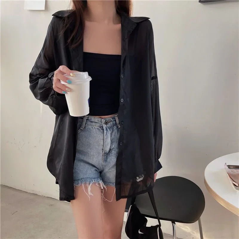 Xpqbb Womens White Chiffon Shirt Sheer Thin Long Sleeve Sun Protection Blouse Woman Casual Loose Simple Single-breasted Shirts 260306