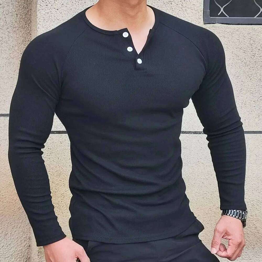 Men's Long Sleeved Henley Fitness Sports Tops Tees Button Neck Casual Cozy Tshirt Fit Autumn T-shirt for Daily We 26H0306