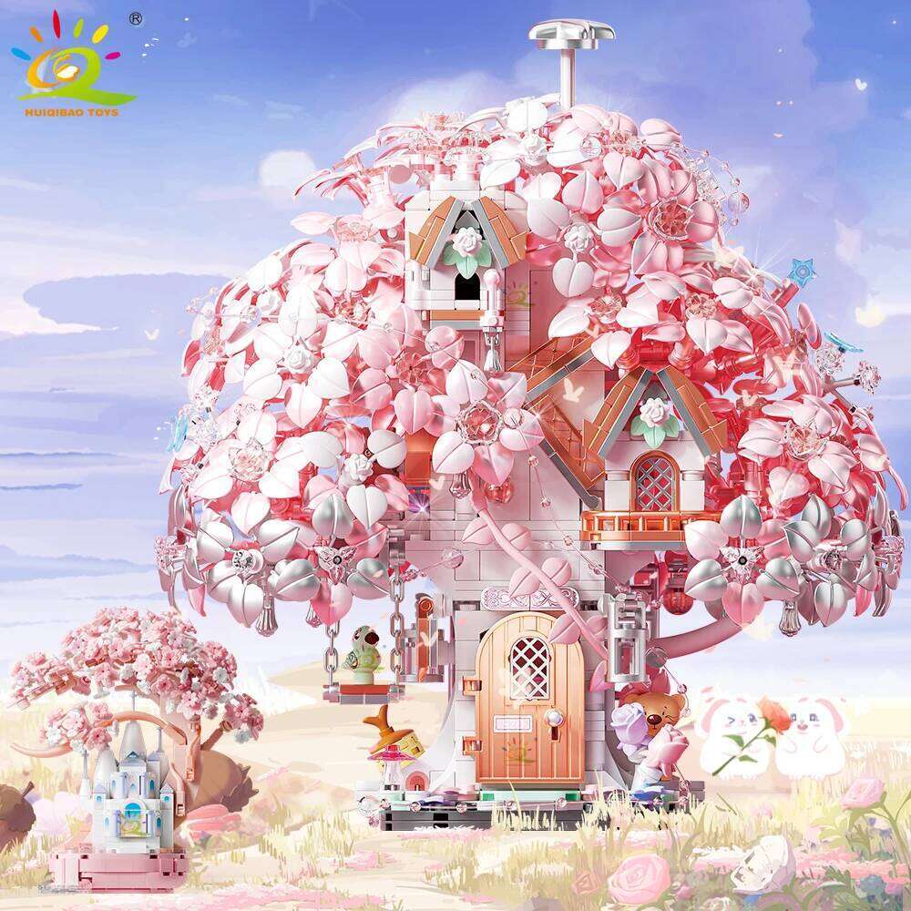 HUIQIBAO DIY Discoloration Cherry Blossom MOC Flower Pink Tree House Building Blocks Classic Model Bricks Sets Kid Romantic Gift Z260306