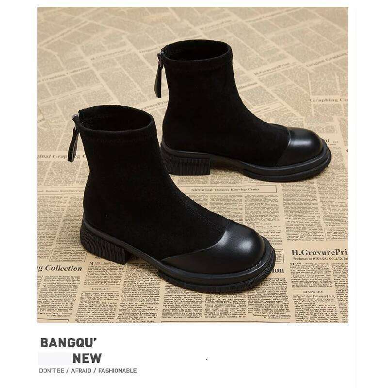 2025 Autumn New Women's Ankle - Retro Panel Round Toe Side Zipper Chunky Heel Fashion Short Boots for Women