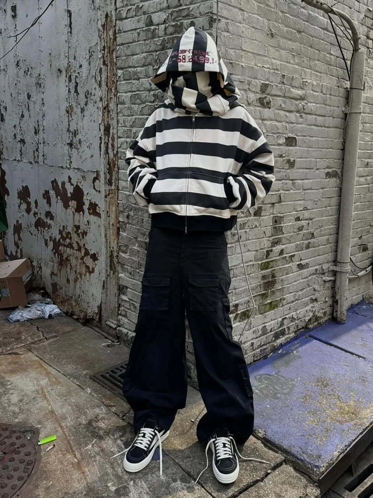 Harajuku patchwork black and white striped embroidered hoodie street y2k high-end basic casual warm pullover sweatshirt with sca 260303
