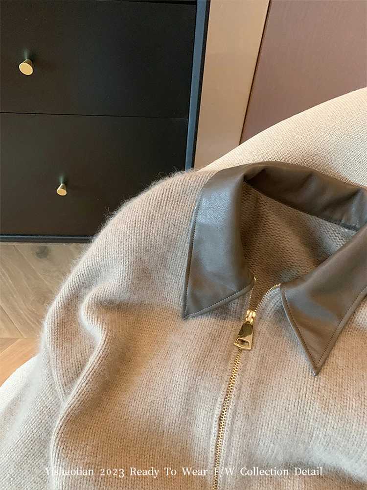 French Vintage Knitted Pullover Women Classical Oversized Sweater Turn-Down Collar Long Sleeve Cardigan Korean Y2K Streetwear M260306