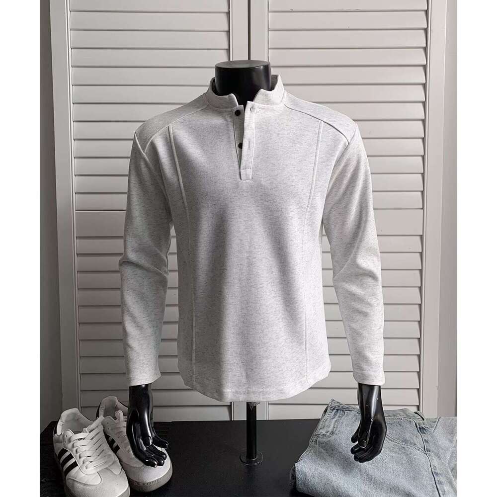 Light Gray Patchwork Deconstructed Henley Neck T-Shirt for Men, Spring and Autumn American Style Trendy Versatile Loose Polo Base Shirt Top