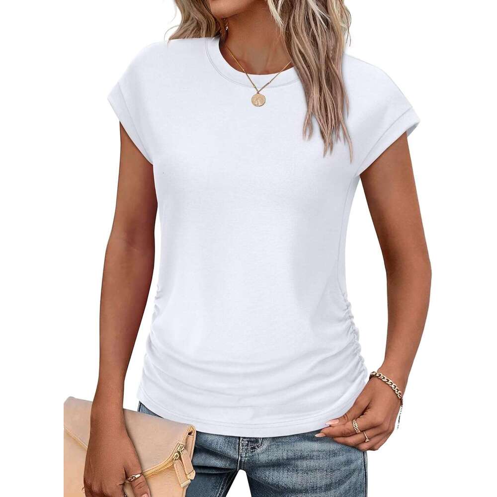 SAMPEEL Womens Summer Tops Trendy 2025 Ruched Cap Short Sleeve Tshirts Crew Neck T Designer Shirts Fashion