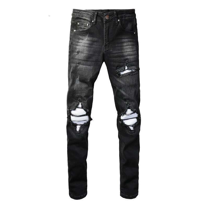 Trendy High Street Slim Fit Style Ripped silver Patch European and American Jeans Men's Pants Skinny