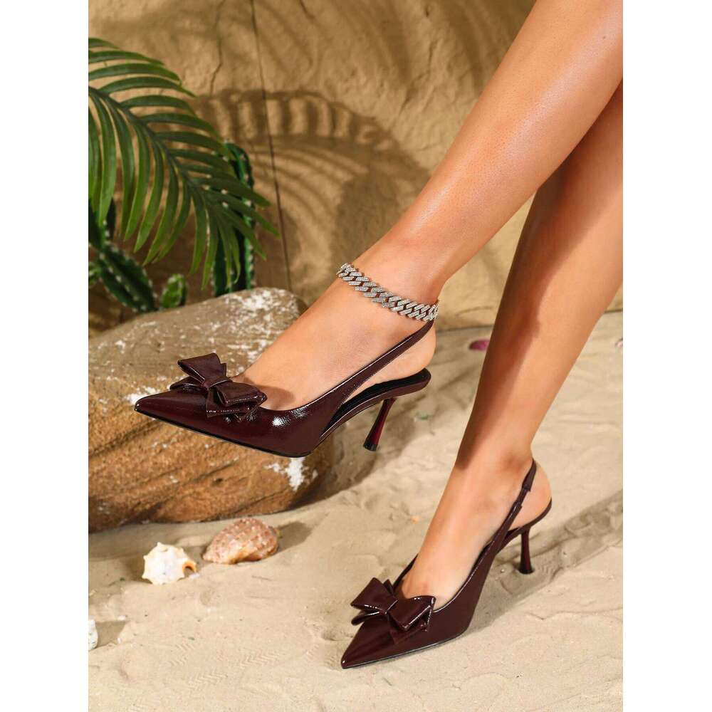 2025 new women's sandals with fashionable bow design, elegant pointed-toe high heels for summer outdoor banquets, backless shoes