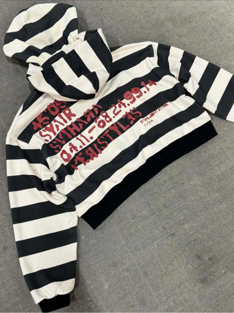 Harajuku patchwork black and white striped embroidered hoodie street y2k high-end basic casual warm pullover sweatshirt with sca 260303