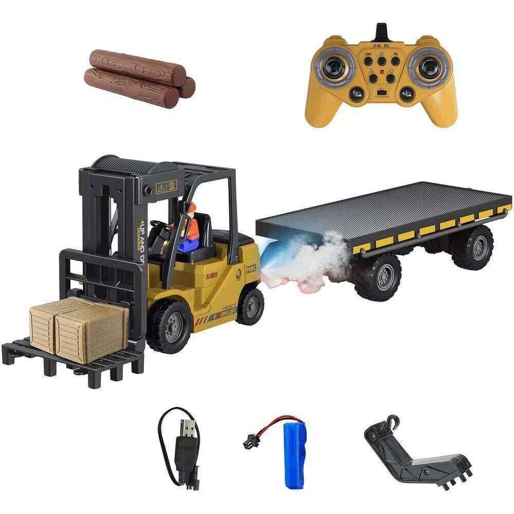 11Ch Rc Car Spray Remote Control Forklift with Light Music 1/24 Heavy Industry Trailer Simulated Model Toys Children Kids Gift C260305