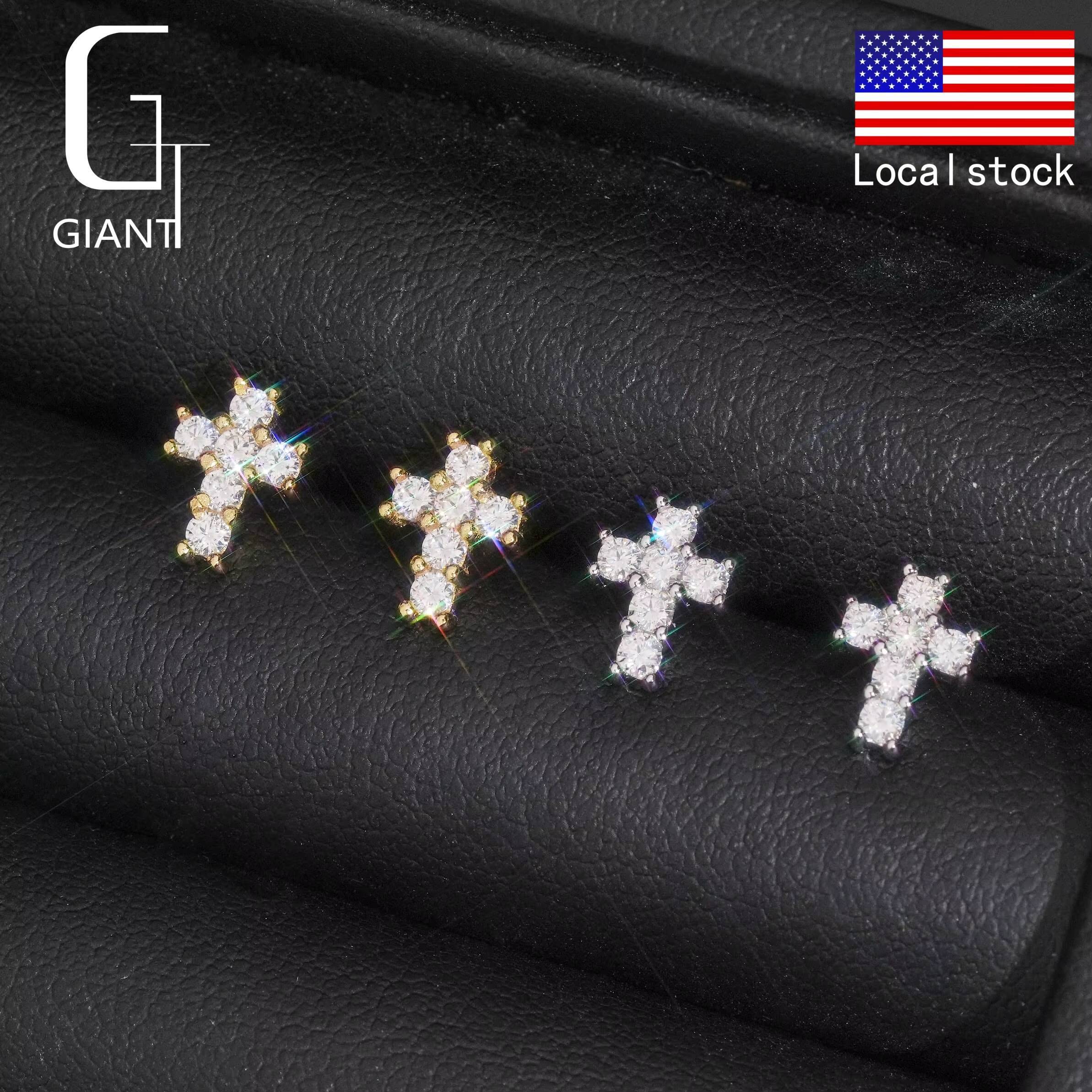 USA Warehouse Hip Hop 925 Silver Iced Out Diamond Screw Back Earrings VVS Moissanite Jewelry Cross Stud Earrings