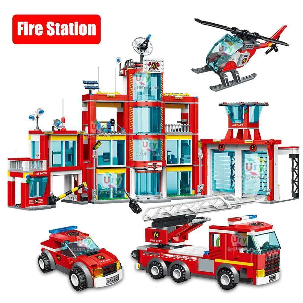 City Fire Station Ladder Truck Helicopter Car Rescue Boat Firefighter Figure Aircraft Model Moc Building Blocks Toy for Boy Gift Z260306
