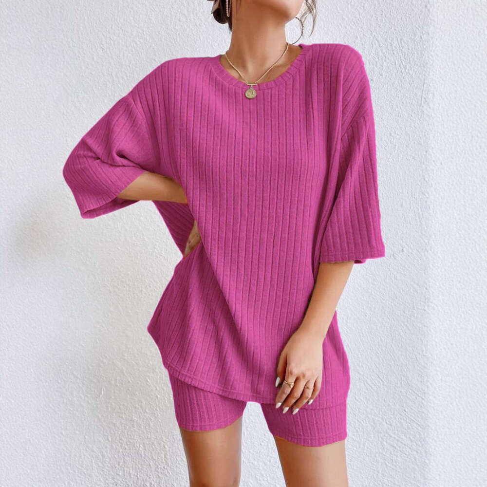 New European and American 2026 fashion casual solid Designer color spring round-neck loose women's shorts set