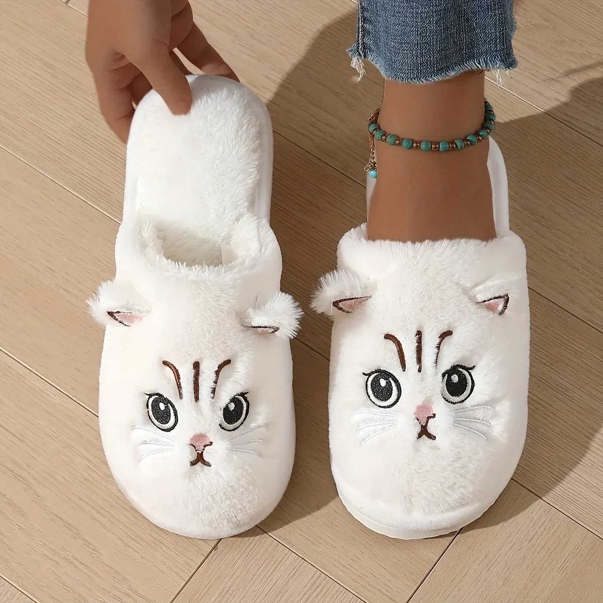 Womens Plush Cat Slippers for Winter Warm and Cozy Indoor House Shoes with Soft EVA Sole Non-Slip Design QEEDUOOF S260305