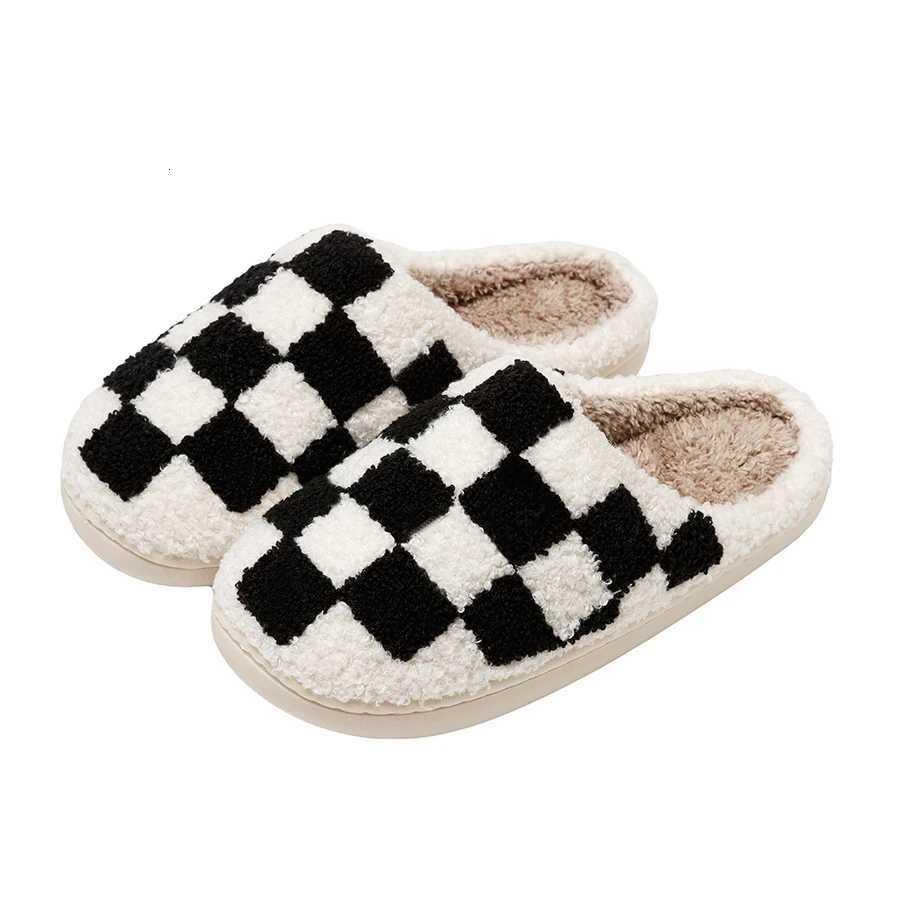 Slippers Classic Checkerboard Embroidered Pattern Womens Winter Indoor Soft Sole Warm Comfy Leisure Bedroom Fuzzy Home Shoes S260305