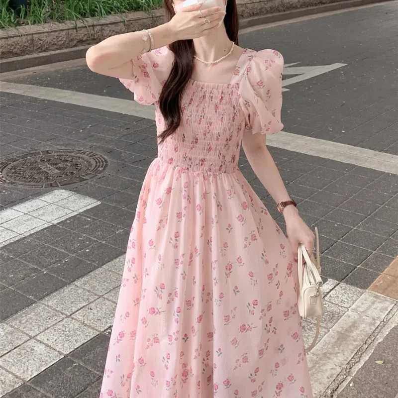 Gentle Floral Square Collar Female Temperament Waist-hugging A-line Puff Sleeve Dress X260306