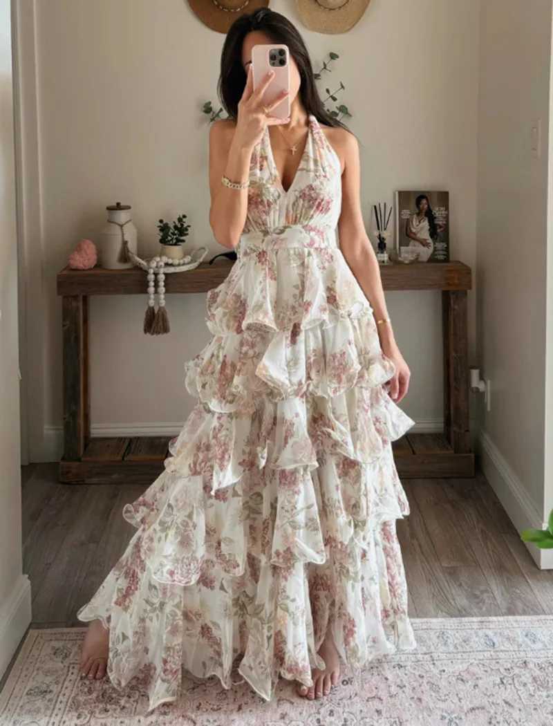 Flowers Print Halter Neck Leace-up Dresses Women Fashion Sexy V-neck Backless Multi-layer Party Dress Elegant Lady Vestidos New X260306