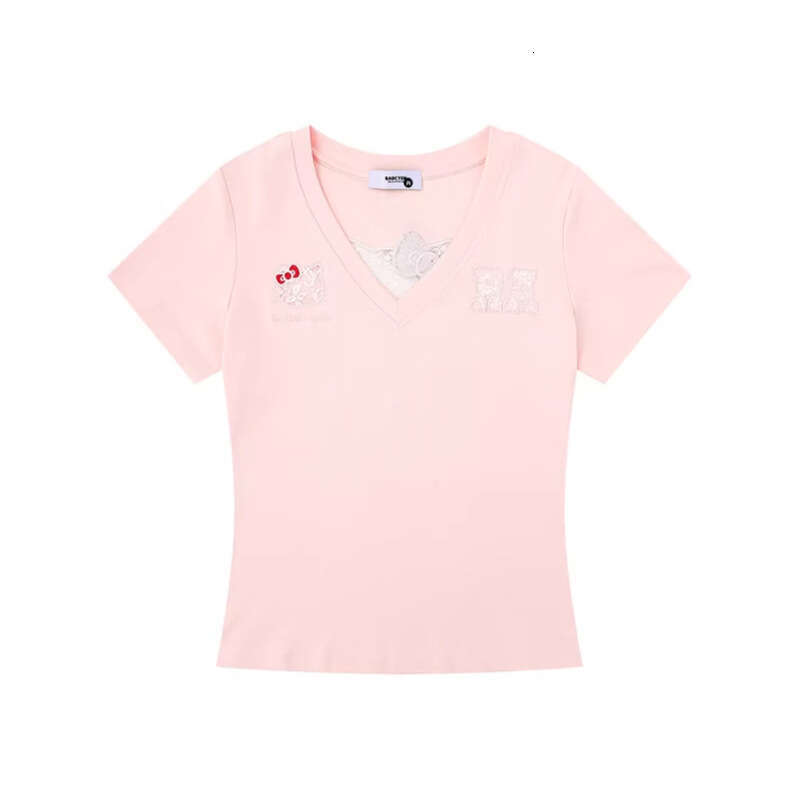 Sweet Cute Cat Hollow Short Sleeve V-neck T-shirt Women's Slim Fit Pure Cotton Style Summer Fashion Top Y2K cartoon embroidery