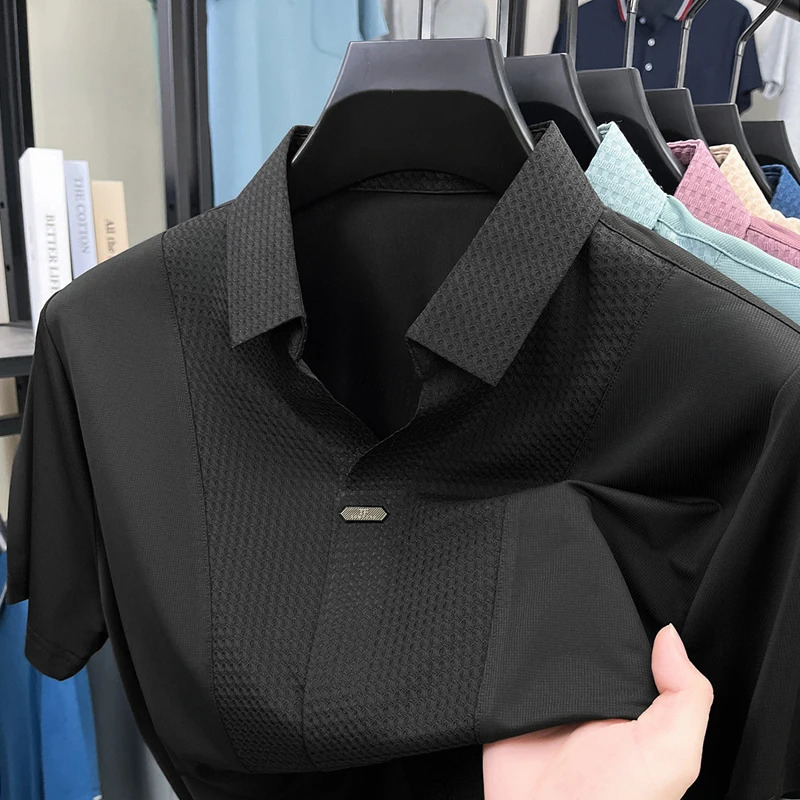Personality jacquard splicing short sleeve Polo shirt men ice silk breathable high quality fashionable buttonless V-neck T-shirt 260304
