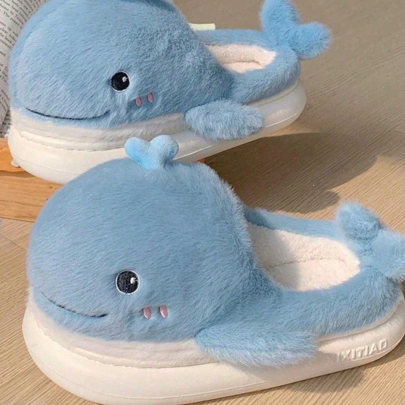 Cute Whales Winter New Women Slipper Soft Heel Platform Fur Warm Indoor Comfortable Home Fluffy Home Slippers S260305