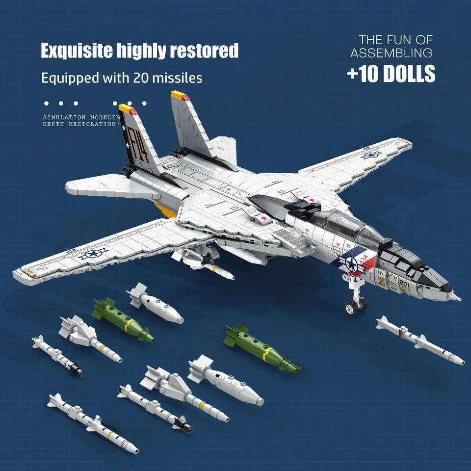 Military USA F-14 Airplane Tomcat Fighter Model Building Blocks DIY Large Aircrafts Weapons Bricks Kids Toys Boys Birthday Gifts Z260306