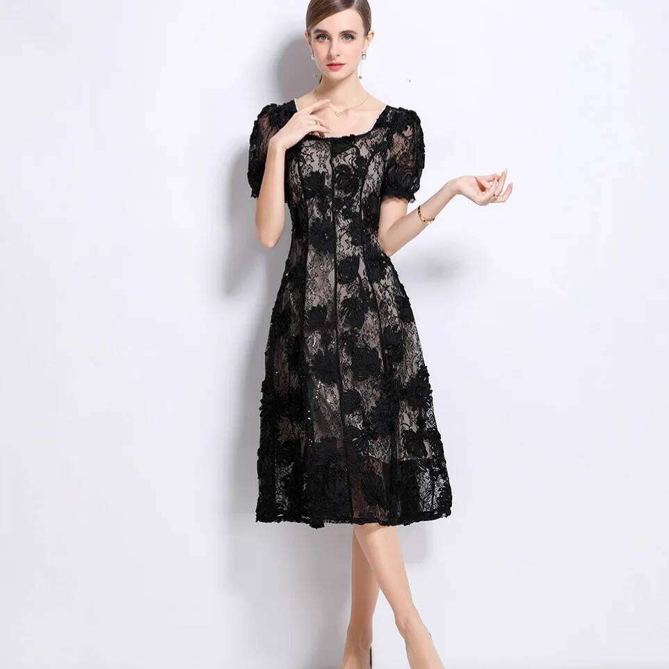 Sweet Luxury Formal Evening Long Dresses Women Short Sleeve 3D Flower Lace Embroidery Hollow Out Midi Dress Vestidos De Fiesta Mdng260306
