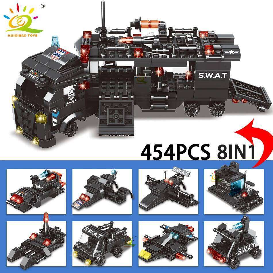 HUIQIBAO 454-585PCS 8in1 SWAT Police Command Truck Building Blocks City Helicopter Bricks Kit Educational Toys for Children Z260306
