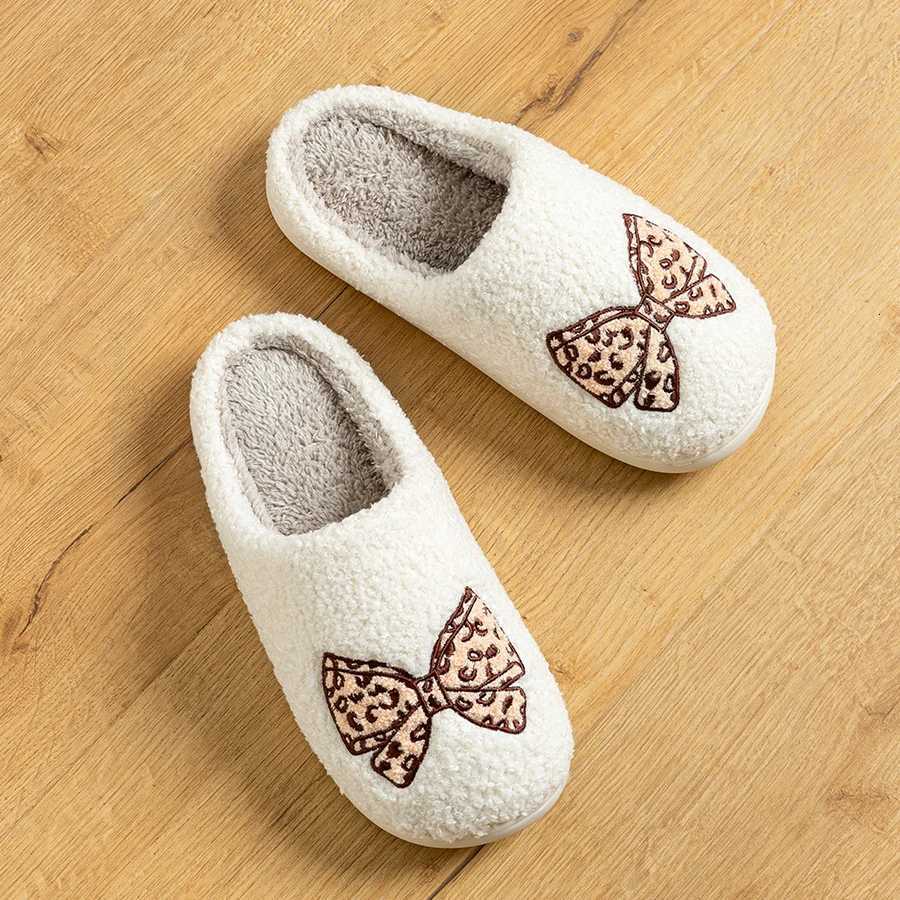 Womens Bow Slippers Warm Pattern Winter Indoor Soft Sole Home Cute Classic Embroidered Comfy casual Fuzzy Bedroom Girls Shoes S260305