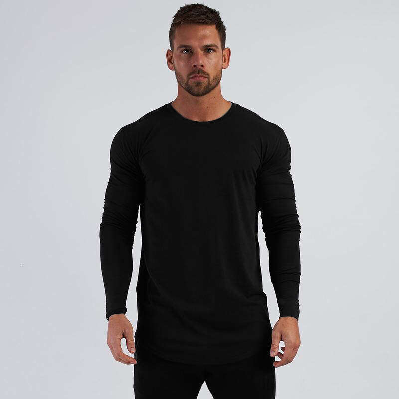 Solid Color Fitness T-Shirt for Men Round Hem Pure Cotton Breathable Slim Fit Sports Long Sleeve Autumn Winter Fashion Trend Base Shirt