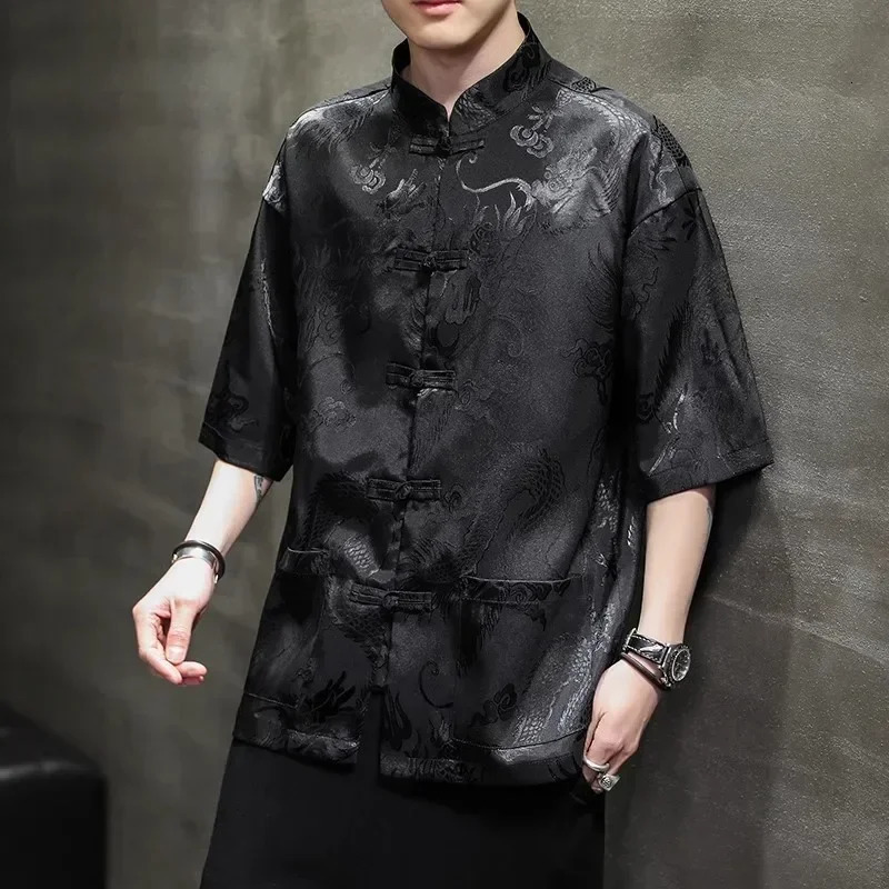 High Quality Summer Chinese Traditional Dress Dragon Embroidery Shirt Men Clothing Ice Silk Half Sleeve Vintage Tops Plus Size 260227