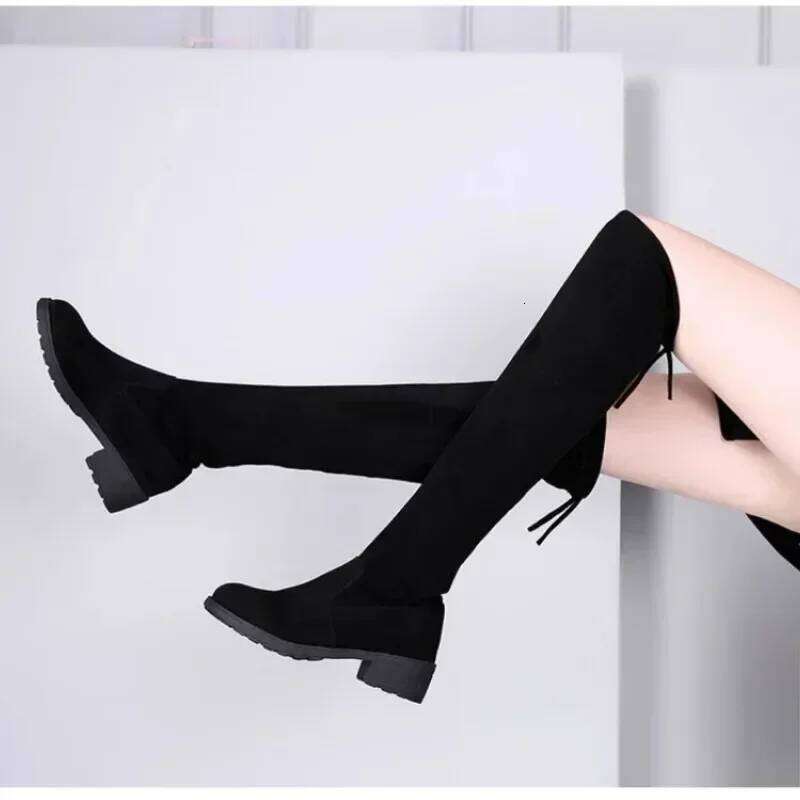Women Winter Black Over The Knee 2024 New Comfort Lace Up Chunky High Heels Shoes Fashion Warm Suede Round Toe Boots
