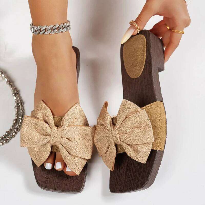 2026 New Summer Fashion Women Platform Sandals Wooden Soles Designer Bow-knot Shoes Casual Beach Slippers