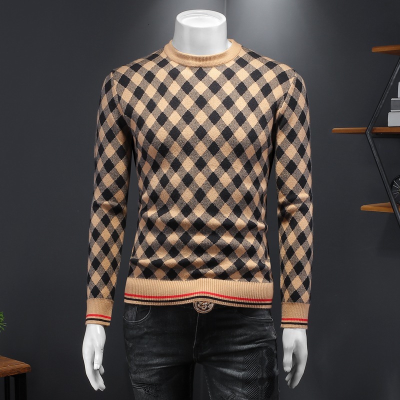 European Collection 2024 New Winter Men's Round Neck Plus Size Sweater Knitwear Thick Plaid Jacquard Base Shirt Trendy