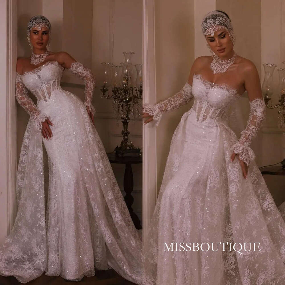 Vintage A Line Women Wedding Strapless Removable Sleeves Bridal Gowns Sequins Lace Detachable Train Dress Custom Made Vestidos De Novia D0306