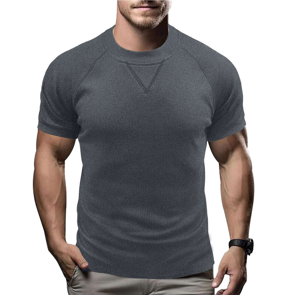 Amazon European and American short-sleeve ribbed crew neck waffle T-shirt top, cross-border men's basic rugged style