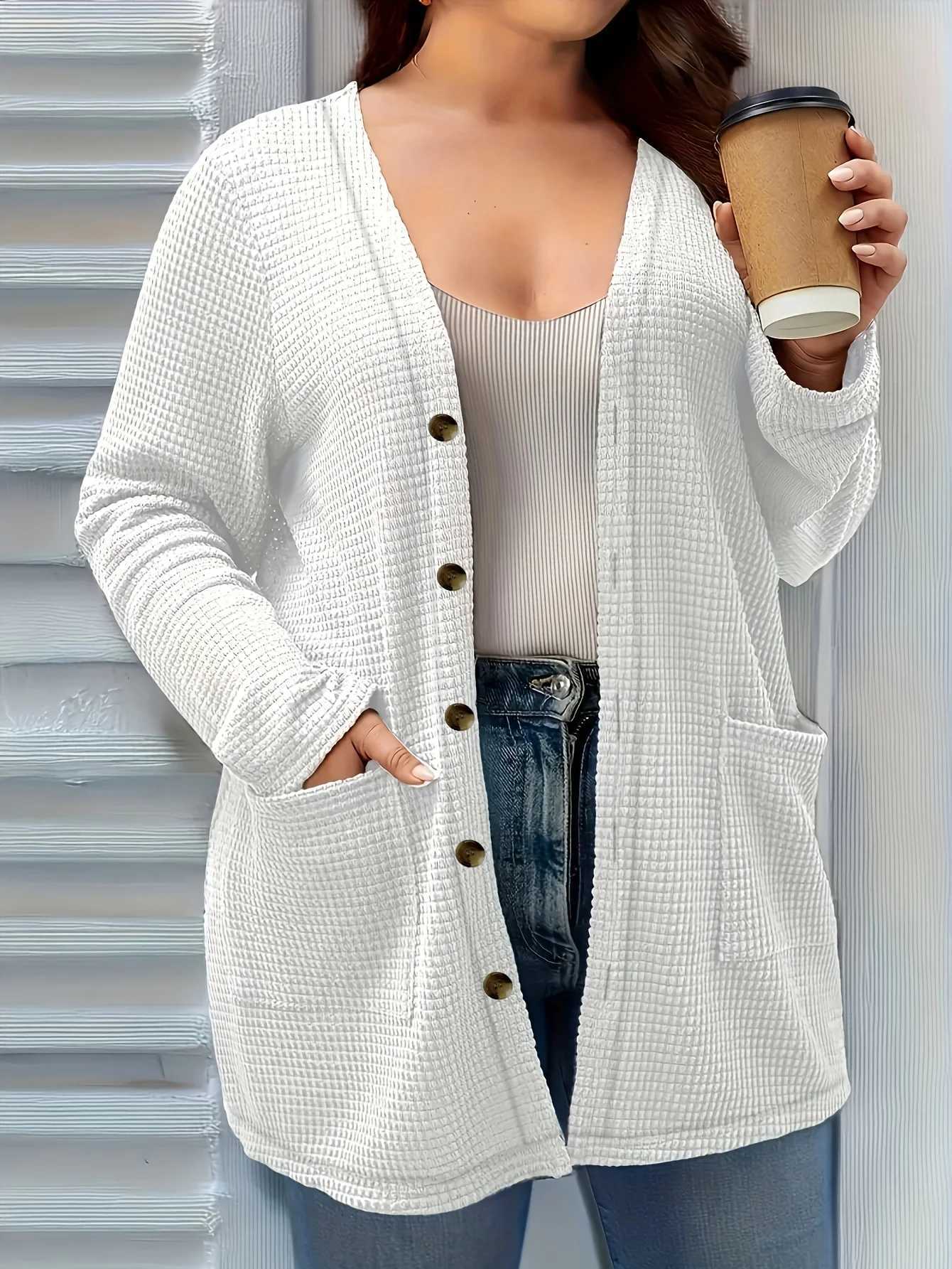 Plus size solid color v-neck cardigan casual long sleeve button front cardigan suitable for spring and autumn M260306