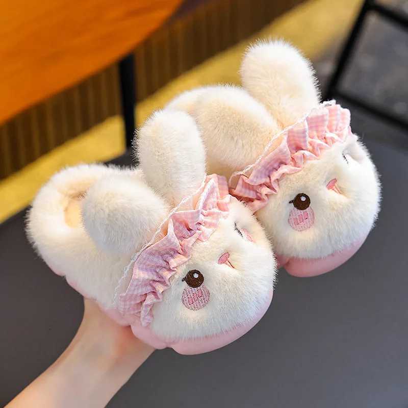 Kids Plush Rabbit Slippers - Winter Closed-Back House Shoes Warm Fleece-Lined Booties for Girls Matching Family Pairs S260305