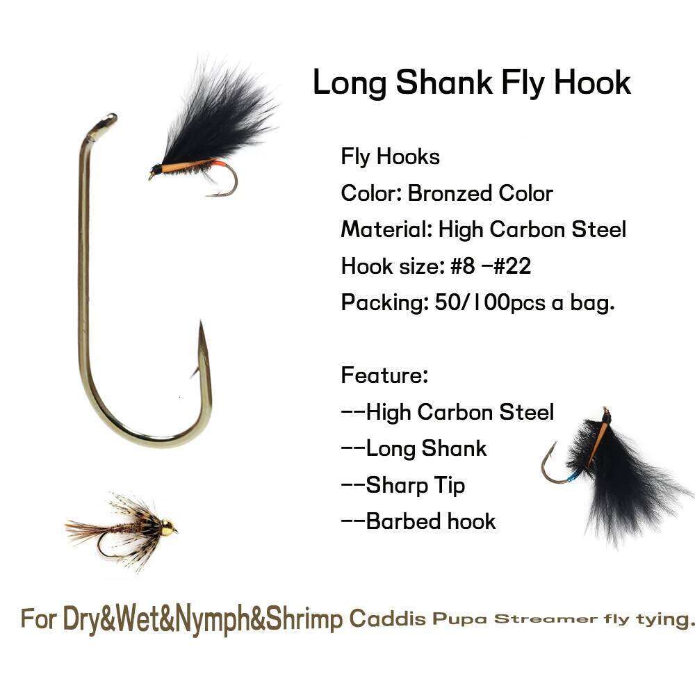 WIFREO 50/100pcs Long Shank Fishing Hooks Dry&Wet&Nymph&Shrimp Caddis Pupa Streamer Hook Fly Tying Fishhook S260305
