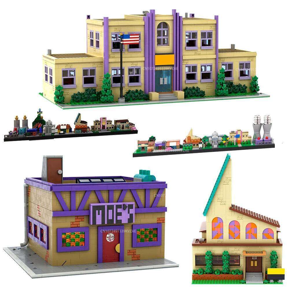 MOC Simpsoned Modular Moe's Tavern Building Blocks City House Springfield Elementary School Skyline Architecture Bricks Toys Z260306